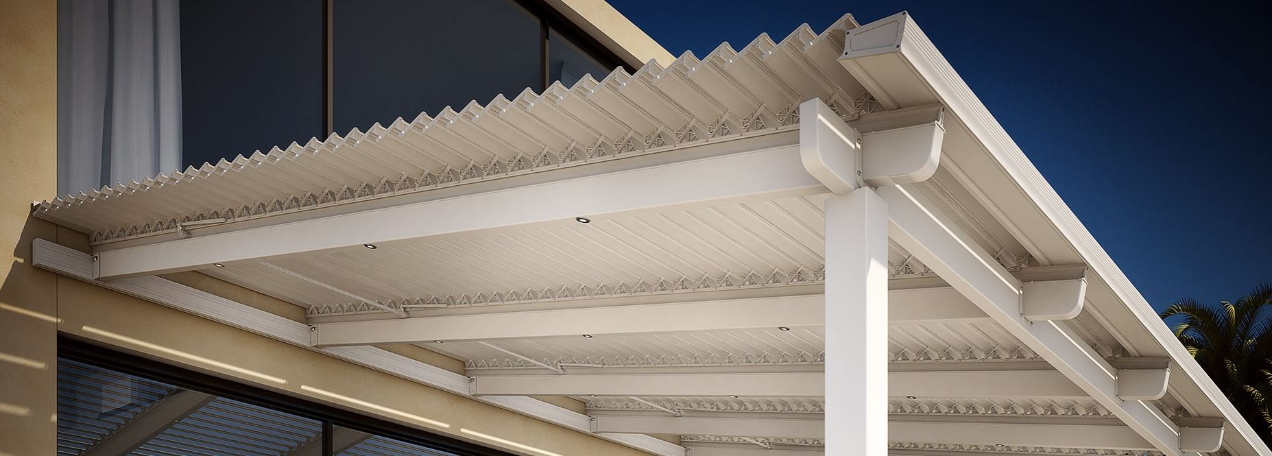 PERGOLA CON TETTOIA FRANGISOLE BIOCLIMATICA A LAMELLE ORIENTABILI ADDOSSATA ECLISSI